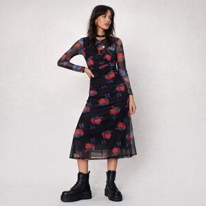 NASTYGAL Black Floral Mesh Ruched Midi Dress Size 8 Fairy Grunge Whimsigoth